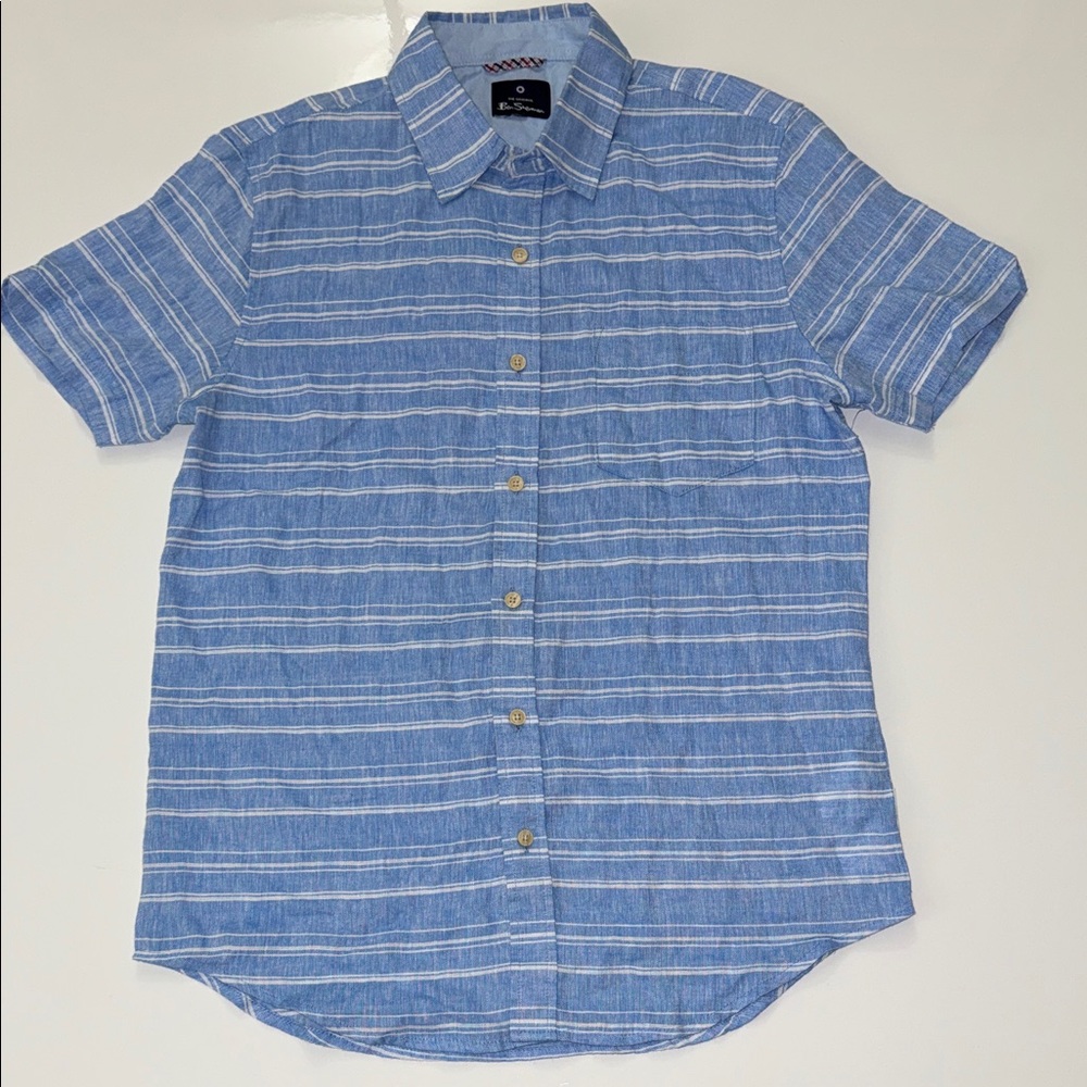 BEN SHERMAN Mens Medium Shirt Blue Stripe Classic Fit Linen Button Down
